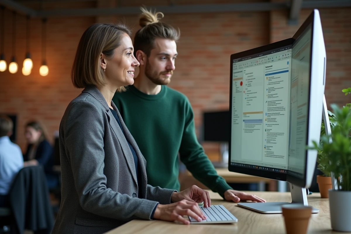 Une collègue senior accompagne un jeune employé dans la prise en main d'outils numériques dans un espace de coworking