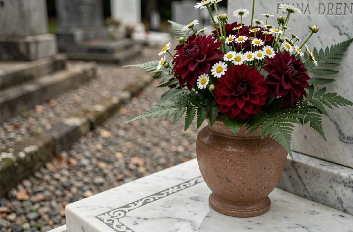Vase funéraire personnalisé avec dahlias bordeaux et fougères vertes posé sur une dalle de marbre gravée